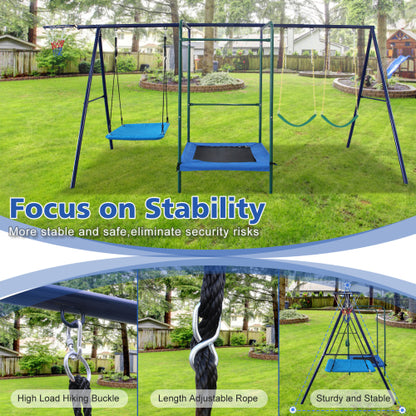 4 in 1 Swing Set With Belt Swing, Hammock Swing, Trampolone,Basket Rim for Backyard