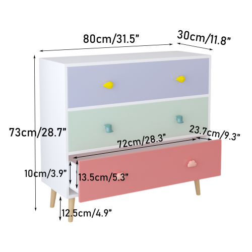 Kids 3 Drawer Dresser, Colorful Baby Nightstand Storage Cabinet, Toddler Bedroom Chest with Cartoon Pulls