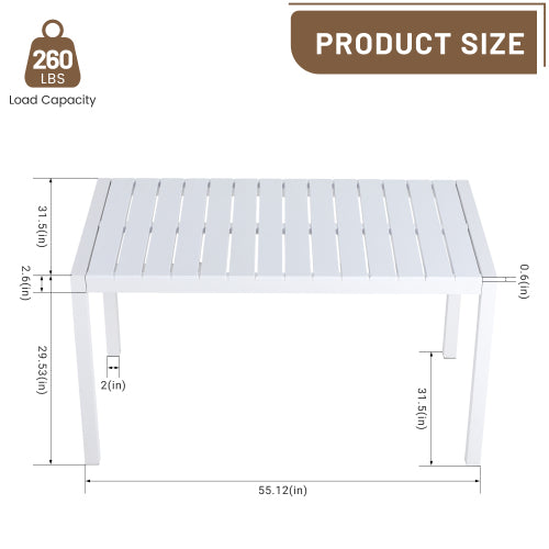 55 Inch Modern Long Table - Indoor/Outdoor Multi-Purpose Dining Table, Patio Table, Garden Table - Lightweight PP Tabletop with Metal Legs for Kitchen, Courtyard, Terrace Gatherings (White)
