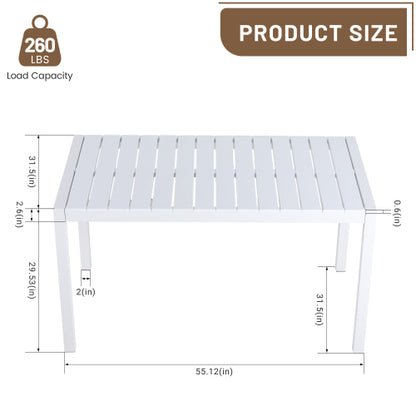 55 Inch Modern Long Table - Indoor/Outdoor Multi-Purpose Dining Table, Patio Table, Garden Table - Lightweight PP Tabletop with Metal Legs for Kitchen, Courtyard, Terrace Gatherings (White)