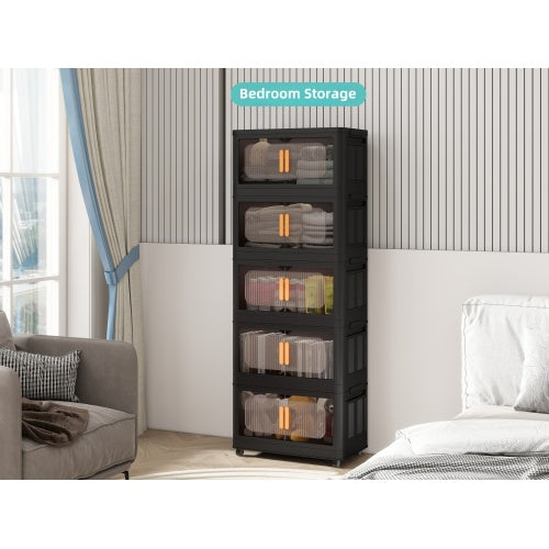 Folding Storage Cabinet with Wheels 5 Tier Collapsible Organizer Black