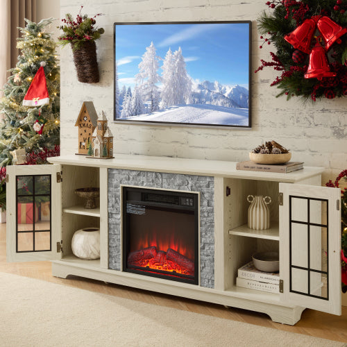 58 Inch TV Stand with 18 Inch Electric Fireplace White Media Console