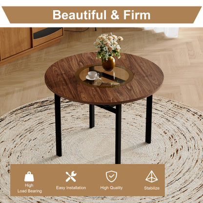 Round Wood Grain Dining Table with Glass Inlay & Glass Shelf