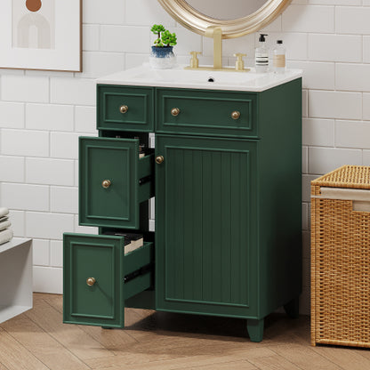 24" Forest Green Bathroom Vanity Cabinet with Ceramic Sink, 2 Drawers, 1 Soft-Close Door