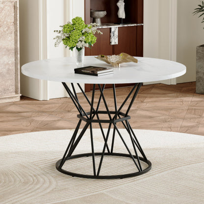 47.3 Inch Marble MDF Round Dining Table, Modern Industrial Hourglass Metal Bracket Table for 4-6 People
