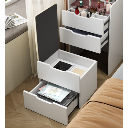 ( 48CM ) 3 in 1 Vanity Desk with Plip Top Mirror, Small Make Up Vanity Set with Visible Glass Desktop, Compact Makeup Vanity with 3 Drawers, Dressing Table for Bedroom ( WHITE COLOR )