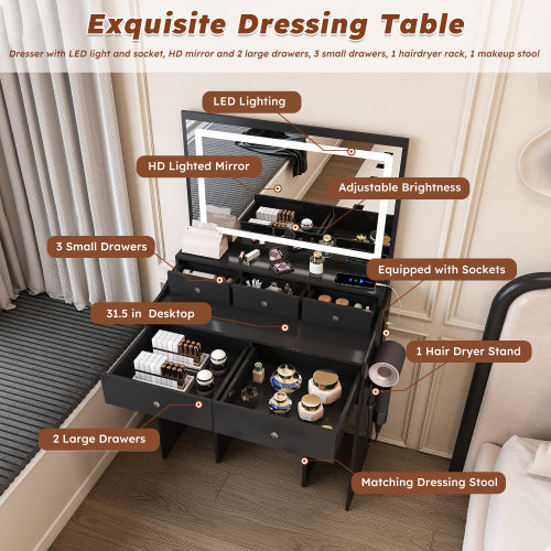 Black Modern Vanity Desk Set, Extra Large 30.3 inch *19.3 inch  LED Mirror, 5 Drawers, Power Outlet & Hair Dryer Holder