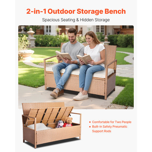 Outdoor Storage Bench PE Rattan 70Gal Deck Box Waterproof Outdoor Seat & Storage