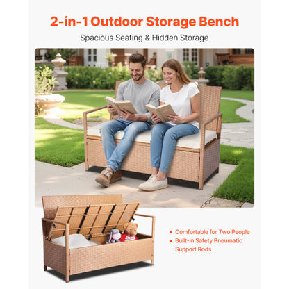 Outdoor Storage Bench PE Rattan 70Gal Deck Box Waterproof Outdoor Seat & Storage