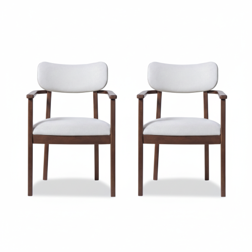 Upholstered Dining Chair Set of 2, Walnut Rubberwood Frame, Beige Fabric