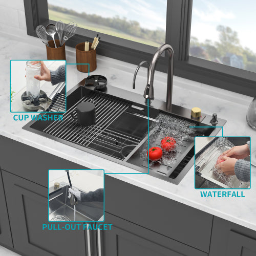 Gunmetal Black Drop in Waterfall Kitchen Sink - 33*22*10 inch Single Bowl 16 Gauge Stainless Steel Ledge Workstation Kitchen Sinks with Pull-Down Faucet & Cup Washer