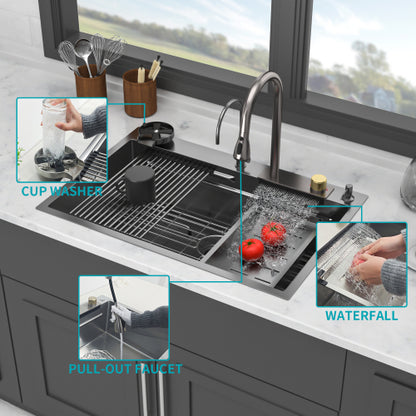 Gunmetal Black Drop in Waterfall Kitchen Sink - 33*22*10 inch Single Bowl 16 Gauge Stainless Steel Ledge Workstation Kitchen Sinks with Pull-Down Faucet & Cup Washer