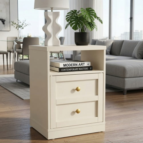 Beige Faux Drawer Nightstand with Door & Open Shelf