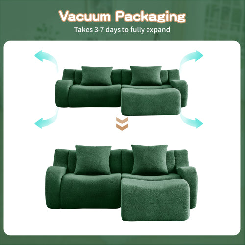 Green L-Shaped 2-Seat Boneless Teddy-Fabric Modular Sofa Curved Armrest No-Assembly Non-Slip