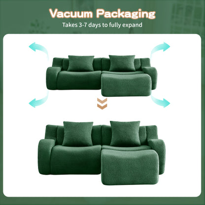Green L-Shaped 2-Seat Boneless Teddy-Fabric Modular Sofa Curved Armrest No-Assembly Non-Slip