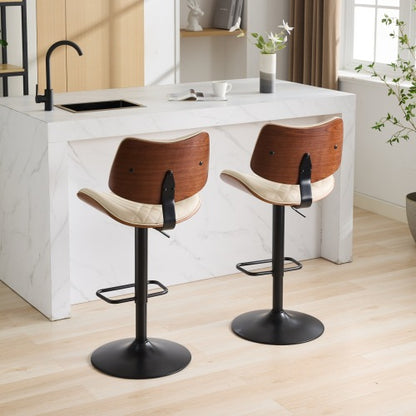 Walnut Bentwood Bar Stools Mid Century Modern Adjustable Counter Height Black Leather Upholstered 360¡ãSwivel Bar Chairs for Kitchen Island/Dining Room/Cafe,Beige,Set of 2