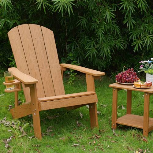 Lounge chair teak color, suitable for all seasons: Outdoor lounge chair, made of sturdy HIPS material, equipped with 304 stainless steel accessories.