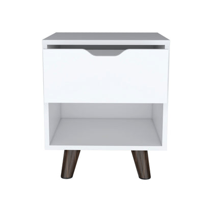White Modern Nightstand, Drawer & Open Shelf with Wooden Legs