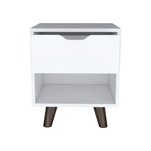 White Modern Nightstand, Drawer & Open Shelf with Wooden Legs