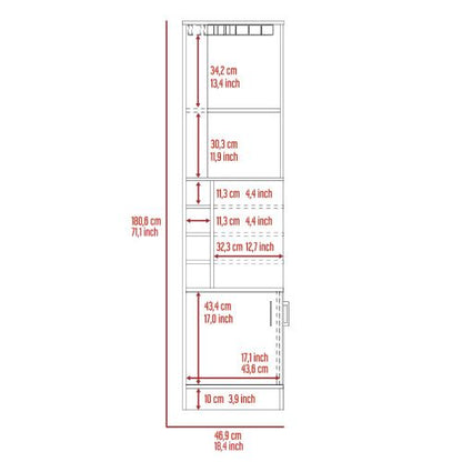 Corner Bar Cabinet, Eight Bottle Cubbies, Double Door, Two Open Shelves -Smokey Oak