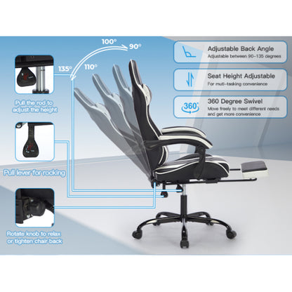 Gaming Chair with Footrest, Ergonomic Computer Chair with Headrest and Lumbar Support, Breathable Material Height Adjustable Video Game Chairs for Adults, Black White