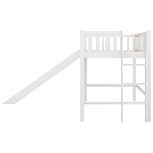 Twin Size Low Loft Bed with Ladder and Slide,White