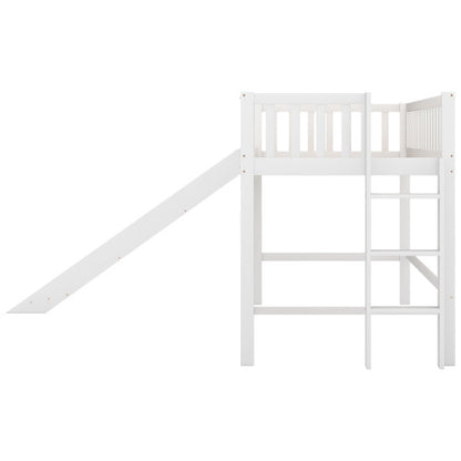 Twin Size Low Loft Bed with Ladder and Slide,White