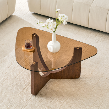 Triangular Tea-Colored Tempered Glass Coffee Table, Walnut MDF Legs