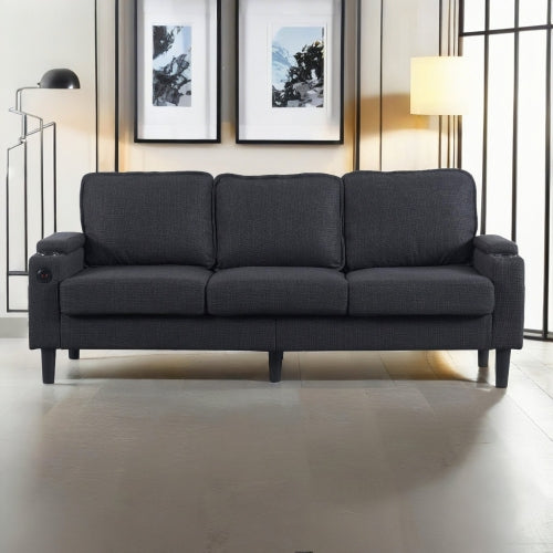 Dark-Grey L-Shaped Sectional 3-Seat Combo Sofa with Storage Ottoman USB Ports Cup-Holders for Living Room Apartment
