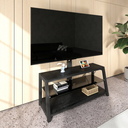 Black Swivel TV Stand Mount 30¡ã Rotatable Height Adjustable 3-Tier Tempered Glass Media Console with Power Socket