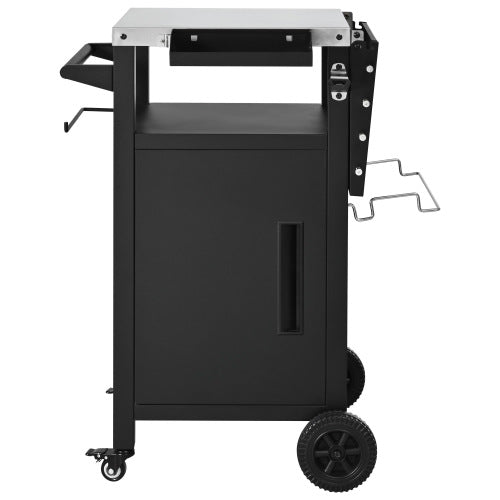 33.9 inch Outdoor Grill Cart with Drop Leaf, Outdoor Metal Bar Cart Pizza Oven Table with Wheels, Stainless Steel Top, Outdoor Kitchen Island with Storage Cabinet & Spice & Paper Rack for BBQ, Waterpr