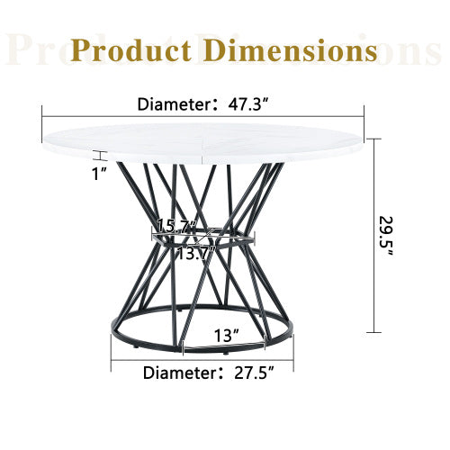 47.3 Inch Marble MDF Round Dining Table, Modern Industrial Hourglass Metal Bracket Table for 4-6 People