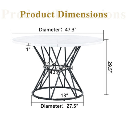47.3 Inch Marble MDF Round Dining Table, Modern Industrial Hourglass Metal Bracket Table for 4-6 People