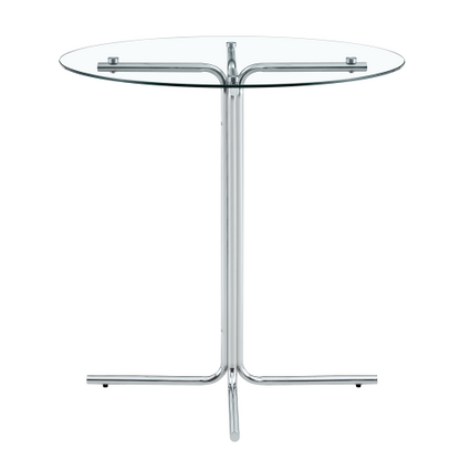 Round glass bar high table, 36 inch round bar table, tempered glass tabletop, sturdy silver chrome plated four column support, suitable for transparent round bar tables in small spaces, kitchens