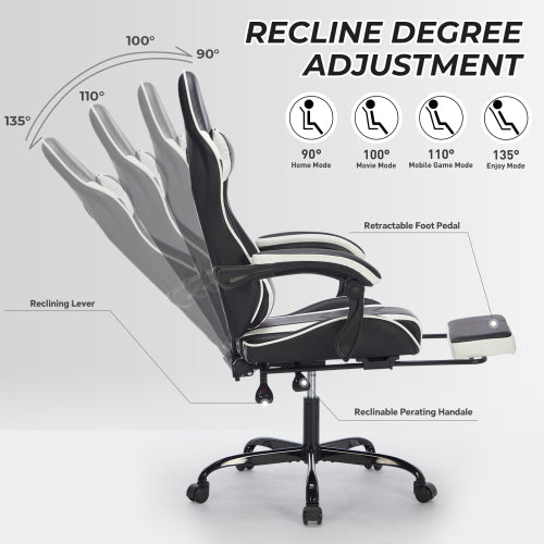 Gaming Chair with Footrest, Ergonomic Computer Chair with Headrest and Lumbar Support, Breathable Material Height Adjustable Video Game Chairs for Adults, Black White