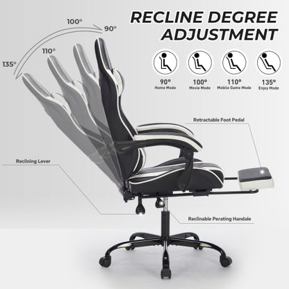 Gaming Chair with Footrest, Ergonomic Computer Chair with Headrest and Lumbar Support, Breathable Material Height Adjustable Video Game Chairs for Adults, Black White