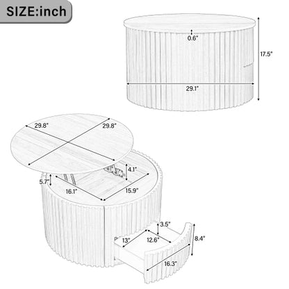 Round Lift Top Coffee Table Storage Fluted Wood MDF Solid Wood Living Room Table