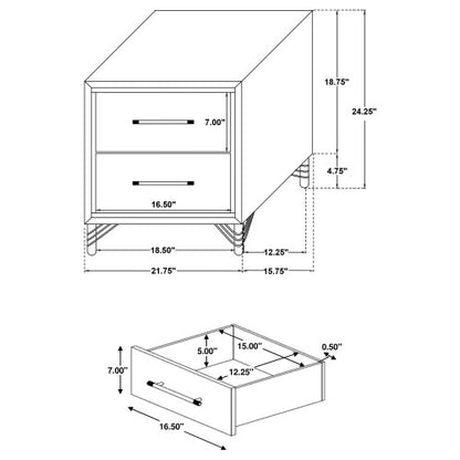 White 2-Drawer Nightstand with Gold Trim, MDF & Melamine