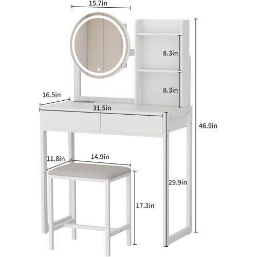 White Vanity Desk with LED Lighted Mirror, 3 Modes, USB Outlet, Drawer & Stool