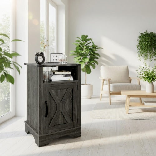 16inch Dark Grey Farmhouse Nightstand with Charger
