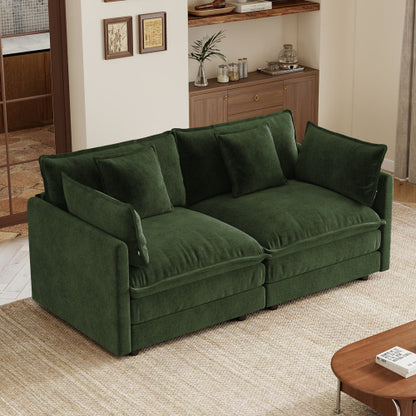 Green Chenille 2-Seat Deep-Seat Modular Sofa with Armrest & Toss Pillows for Living-Room Bedroom Club