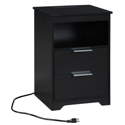 Black Nightstand with Charging Station, 2 Drawers & Open Shelf Wooden Bedroom Side Table