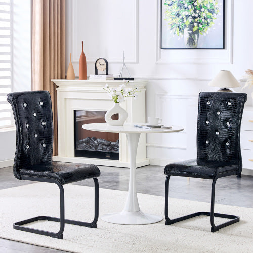 Set of 2 Retro Alligator Skin PVC Dining Chairs, Crystal Buckle Chairs with Black Powder Coated Metal Bow Legs