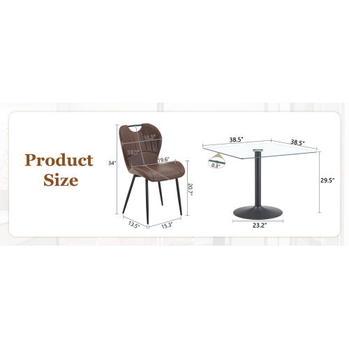 5-Piece Square Glass Dining Set, Single-Column Metal Table & 4 Brown PU Handle Chairs