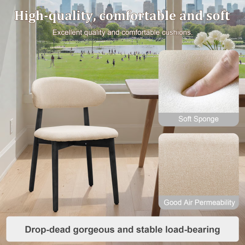 Set of 2 Beige Cotton-Linen Dining Chairs, Black Solid Oak Wood Legs 300lbs Capacity Armless Side Chairs