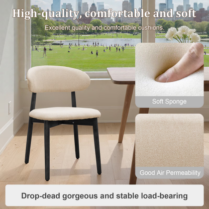 Set of 2 Beige Cotton-Linen Dining Chairs, Black Solid Oak Wood Legs 300lbs Capacity Armless Side Chairs