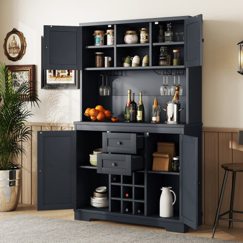 Coffee Bar Cabinet Kitchen Cabinet with Storage, Farmhouse Wine Cabinet with Drawers shelves and cabinets, Buffet Cabinet Wine & Glass Racks for Dining Room, Kitchen, Dark Blue