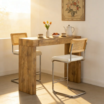 2-piece set of PU leather bar chair combination, paired with wood grain bar table, with storage function, suitable for restaurants and cafes