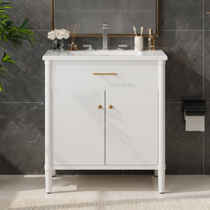 31" Bathroom Vanity with Sink, Bathroom Cabinet with Soft Close Doors and Adjustable Shelf, Curved Profile Design, Rubber Wood Legs, White