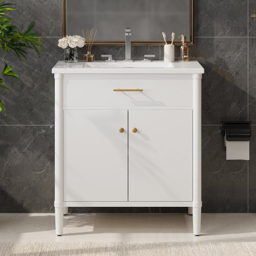 31" Bathroom Vanity with Sink, Bathroom Cabinet with Soft Close Doors and Adjustable Shelf, Curved Profile Design, Rubber Wood Legs, White